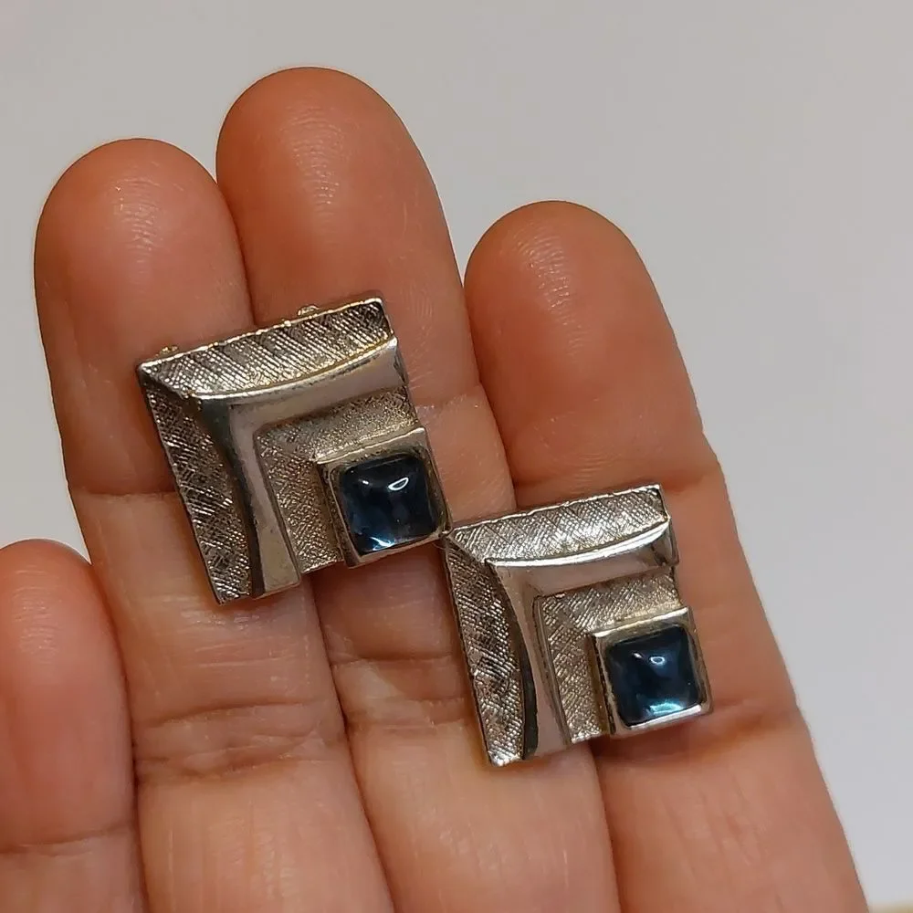 Vintage Textured Square Cufflinks Blue Glass Accent